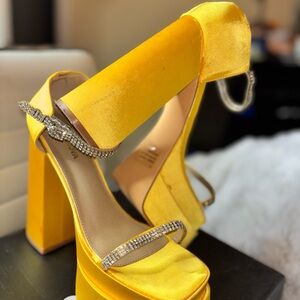 Yellow Satin Platform Heels with Rhinestone Strap